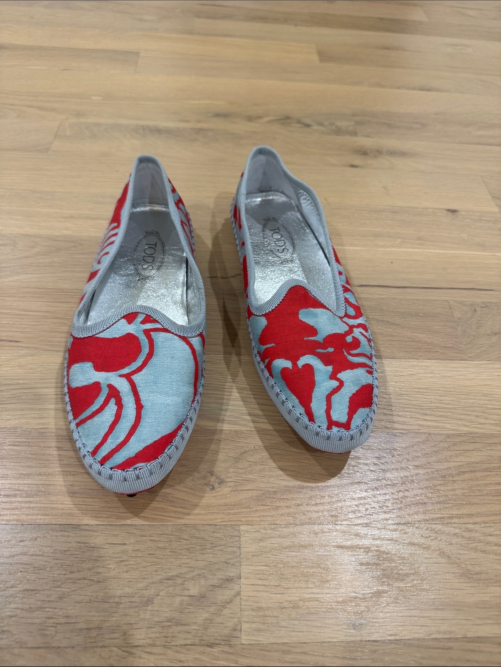 TOD'S Red and Light Blue Floral Espadrille Flats